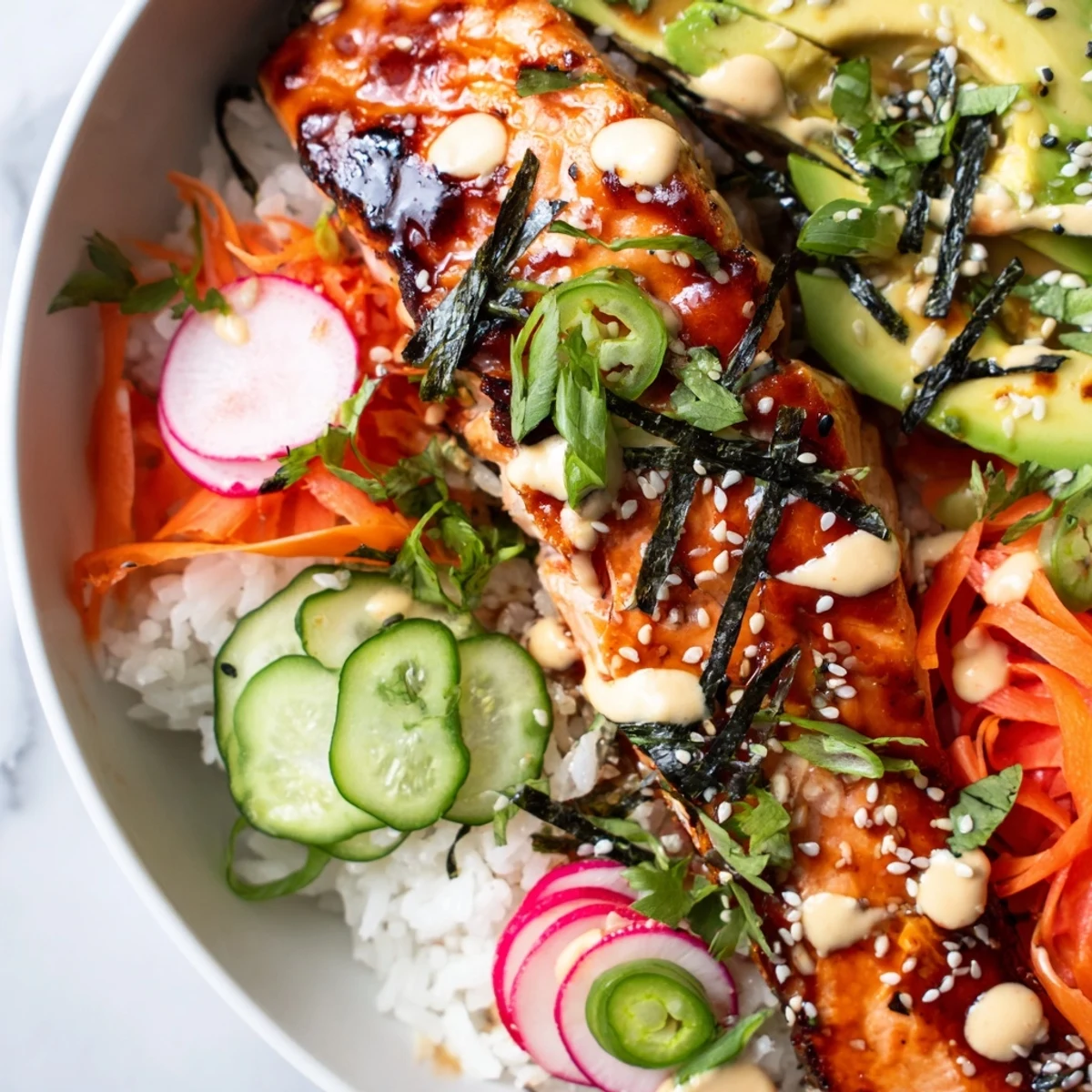 A close-up of Teriyaki Salmon Rice Taco Bowls highlights avocado slices, sesame seeds, and a drizzle of zesty sriracha mayo.