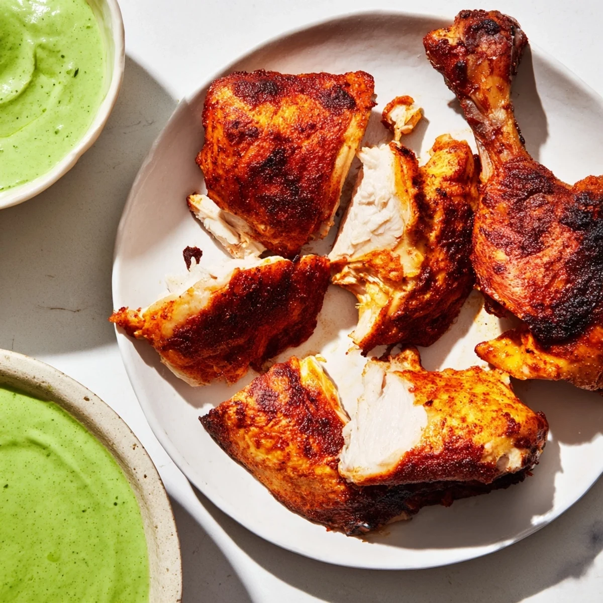 Juicy Peruvian Roast Chicken with Creamy Green Sauce is garnished with fresh cilantro and served with roasted potatoes for a complete meal.