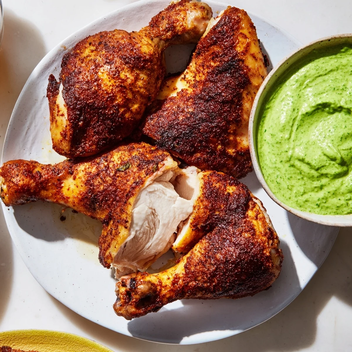 Golden-brown Peruvian Roast Chicken with Creamy Green Sauce sits carved on a platter beside a bowl of vibrant green sauce.