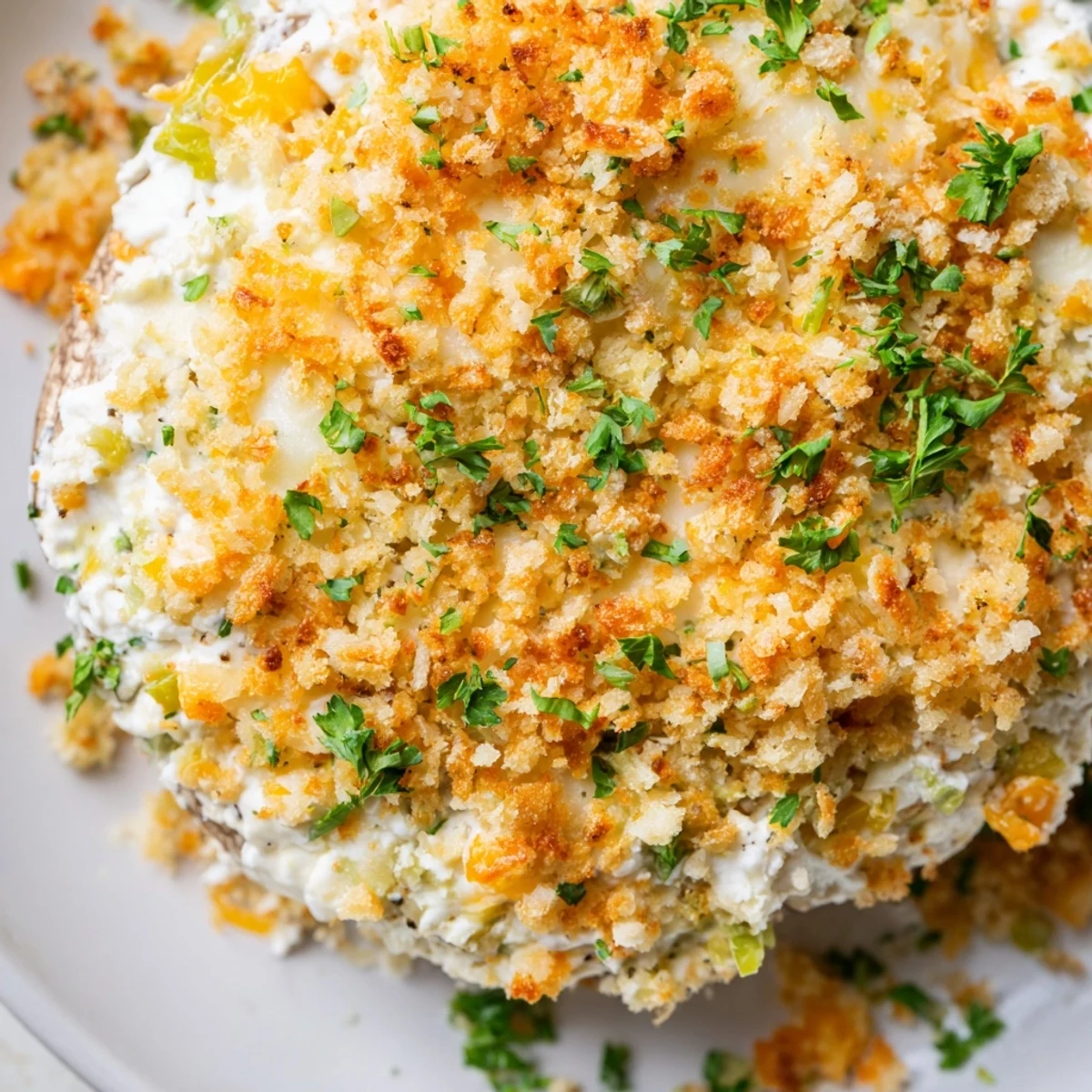 Golden brown Mozzarella Popper Stuffed Mushrooms with melted cheese and spices on a serving platter.