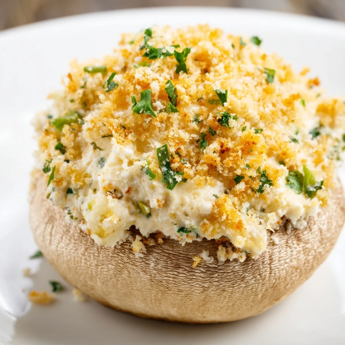 Appetizer platter of Mozzarella Popper Stuffed Mushrooms with cheddar, spices, and fresh garnish.