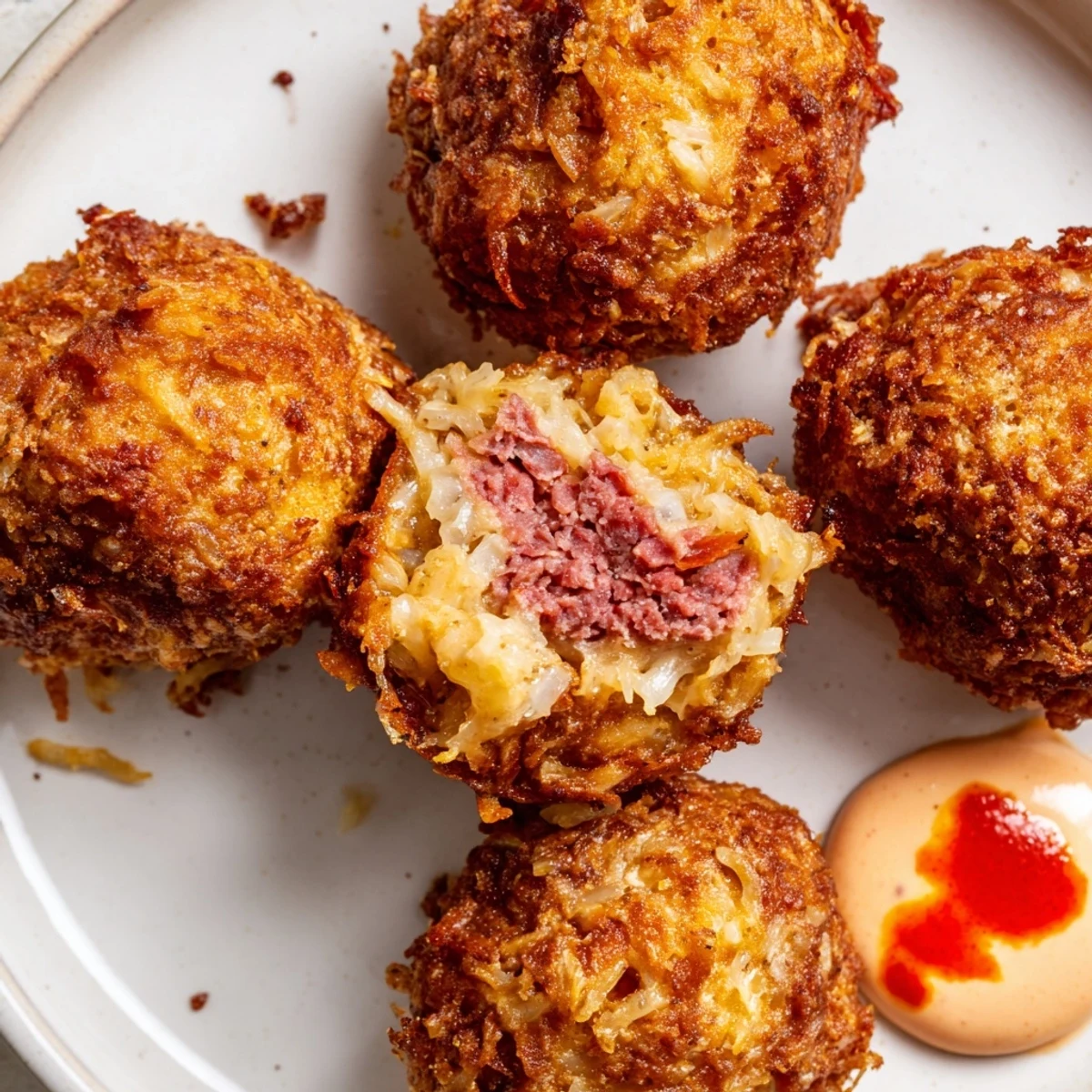 Golden-brown Reuben Balls with Spicy Thousand Island dip, served on a platter with a dipping sauce garnished with chopped herbs.