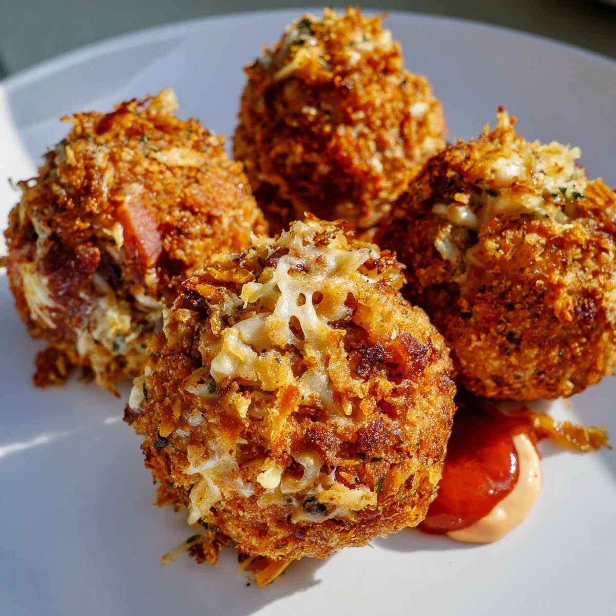 Savory Reuben Balls with Spicy Thousand Island dip, arranged on a rustic wooden board alongside pickles and extra sauce.