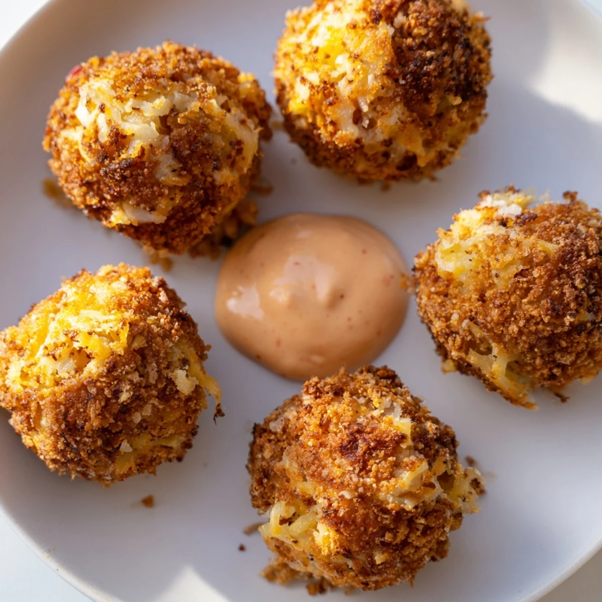 Freshly fried Reuben Balls with Spicy Thousand Island sauce, showcasing the crispy panko exterior and melted Swiss cheese filling.