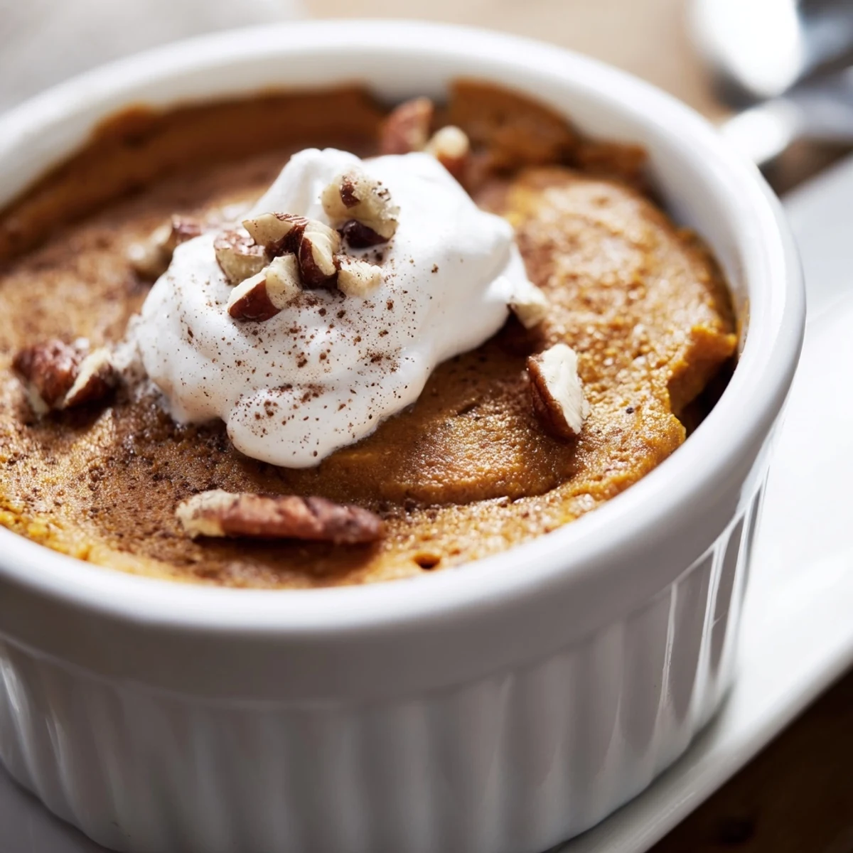 A close-up of Effortless Baked Pumpkin Pudding, its creamy texture dusted with cinnamon and topped with pecans.