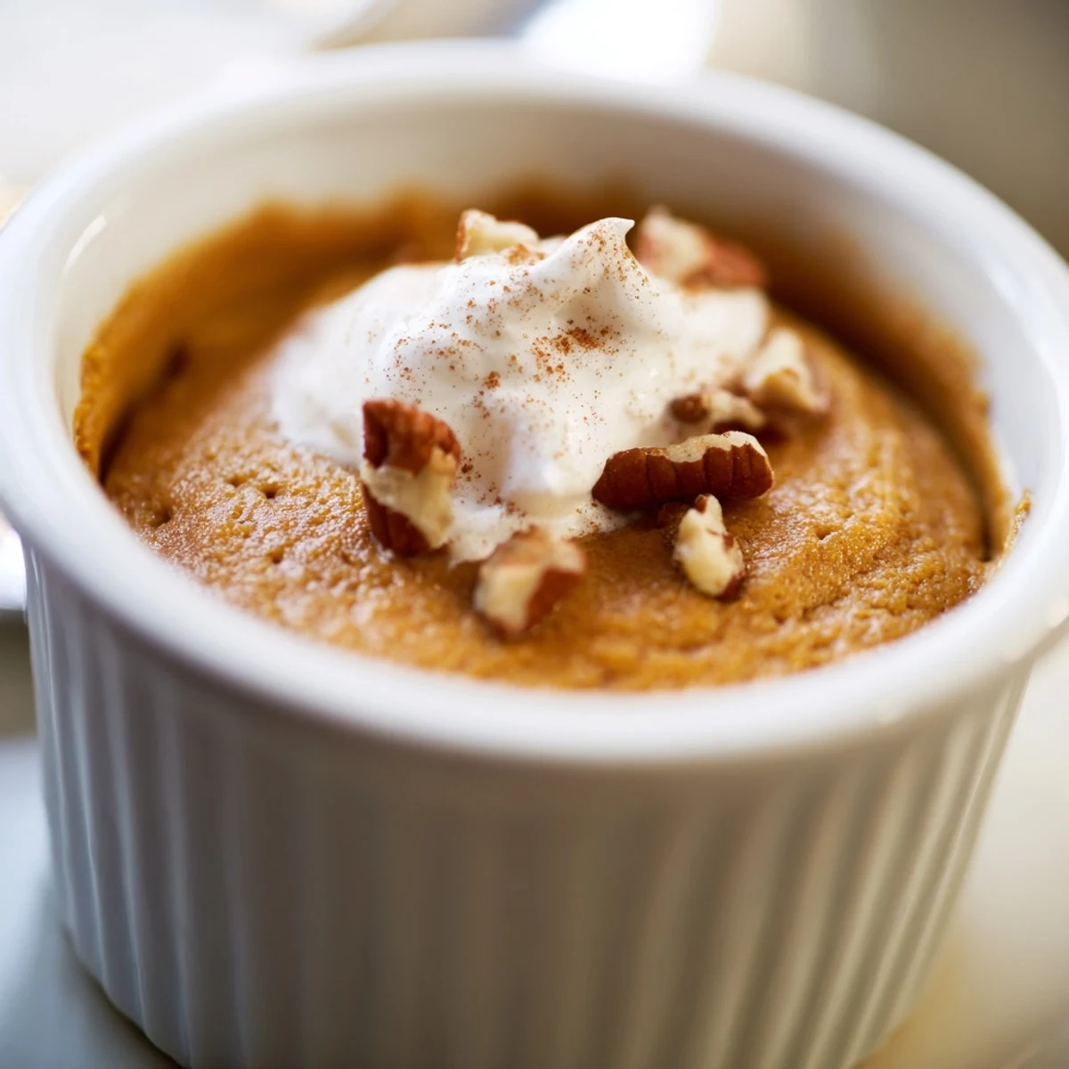 Freshly baked Effortless Baked Pumpkin Pudding served warm in a ceramic dish with a dollop of whipped cream.