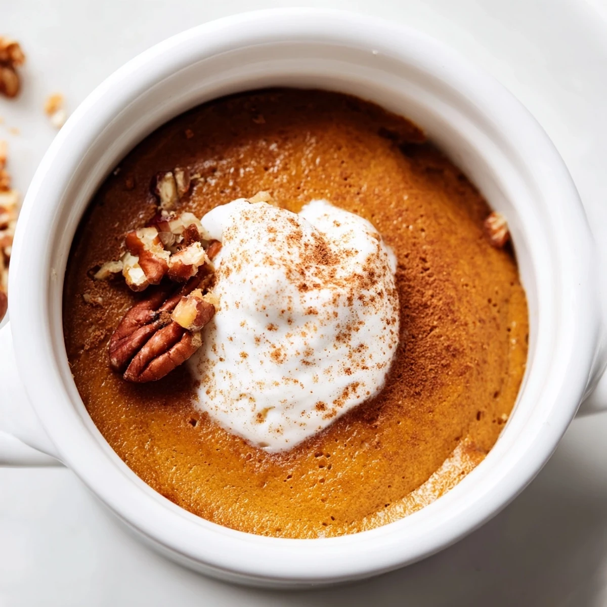 Cool slice of Effortless Baked Pumpkin Pudding on a dessert plate, ready for an autumn dinner party.