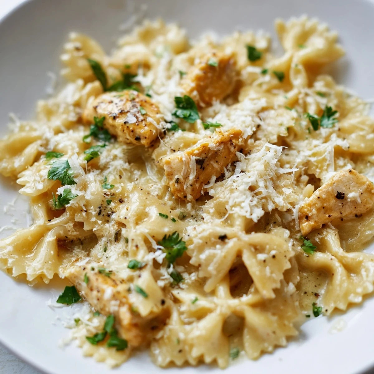 A close-up of Mozzarella Garlic Butter Chicken Bowties in Cheesy Cream, with golden chicken pieces nestled in a creamy, glossy sauce.