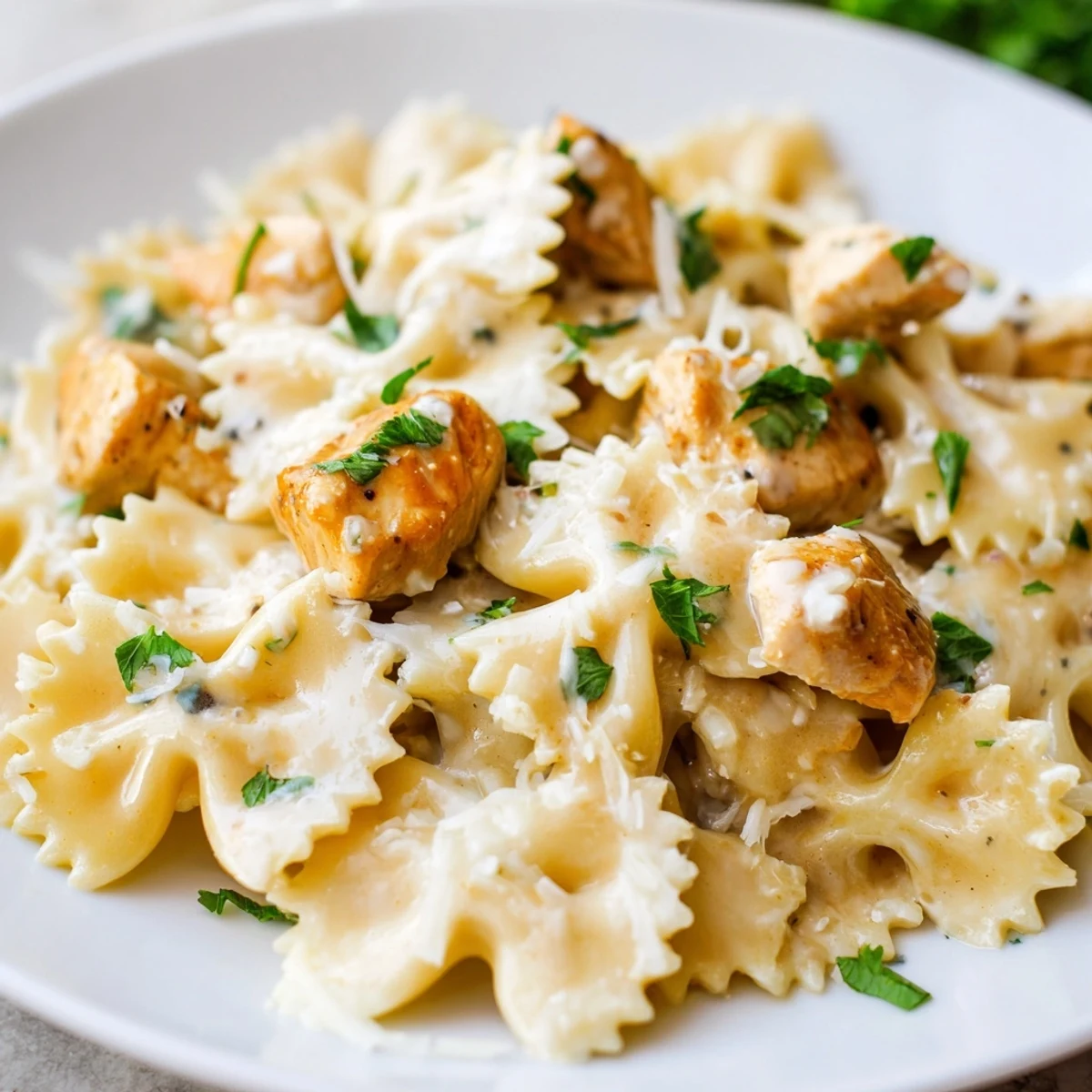 An overhead view of a skillet with Mozzarella Garlic Butter Chicken Bowties in Cheesy Cream, garnished with fresh parsley and ready to serve.
