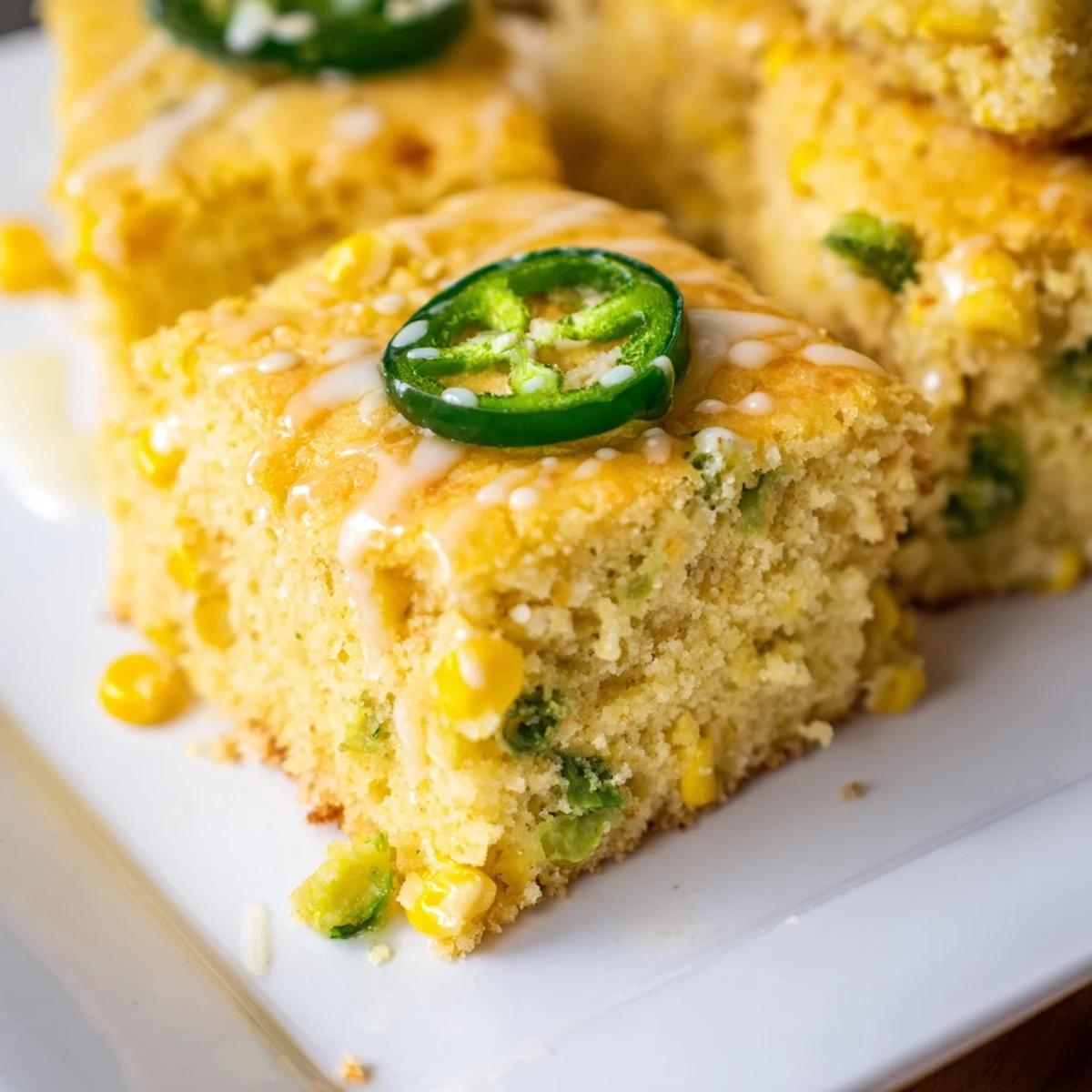 Moist golden Spicy Sweet Jalapeño Cornbread with Zesty Lime Drizzle on a plate, glistening glaze and steam rising.