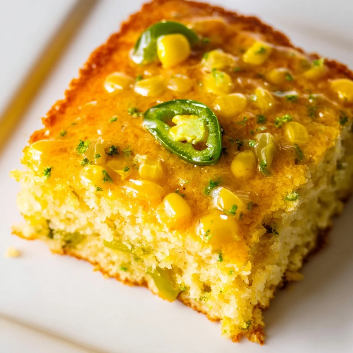 A slice of Spicy Sweet Jalapeño Cornbread with Zesty Lime Drizzle, drizzled glaze dripping onto a rustic board.