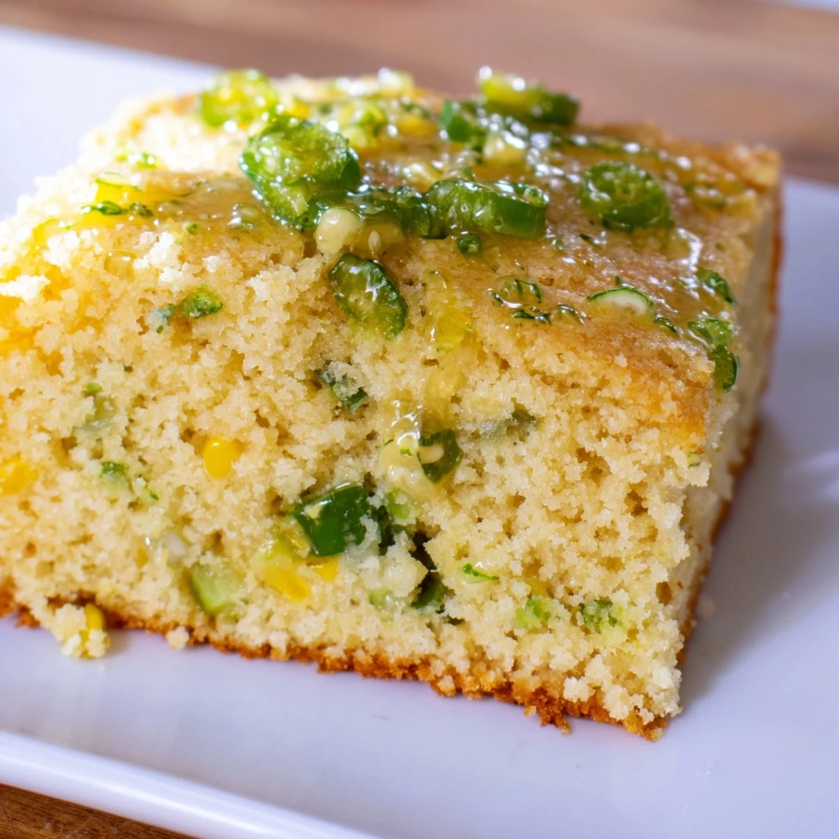Golden Spicy Sweet Jalapeño Cornbread with Zesty Lime Drizzle beside a bowl of chili, lime zest glistening.