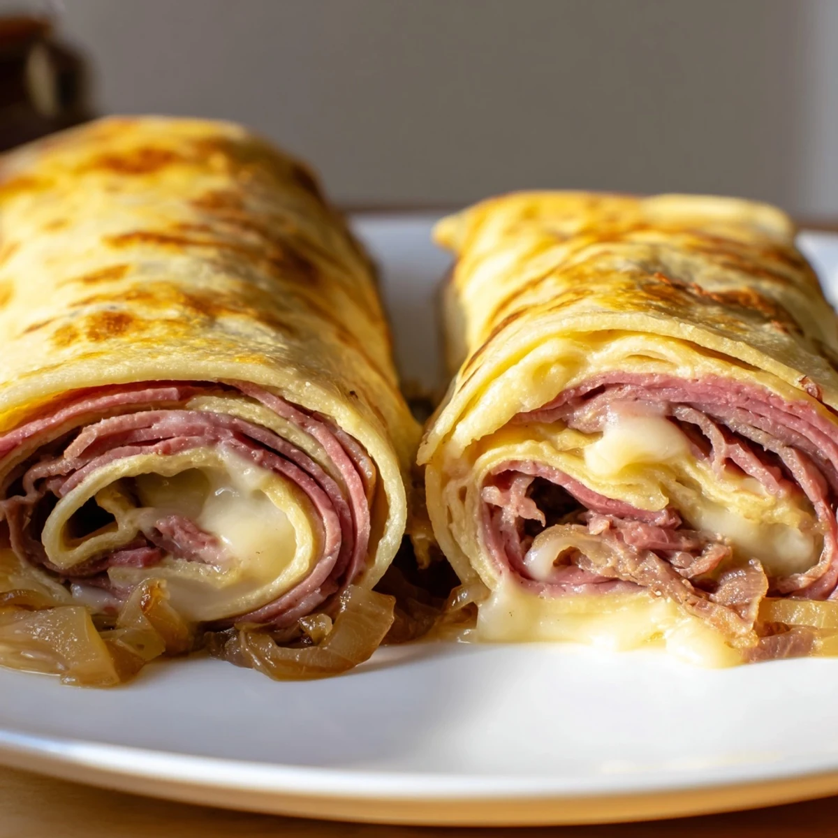Golden baked Easy French Dip Tortilla Roll Ups reveal layers of caramelized onions and savory roast beef, perfect for a quick weeknight meal or game day appetizer.