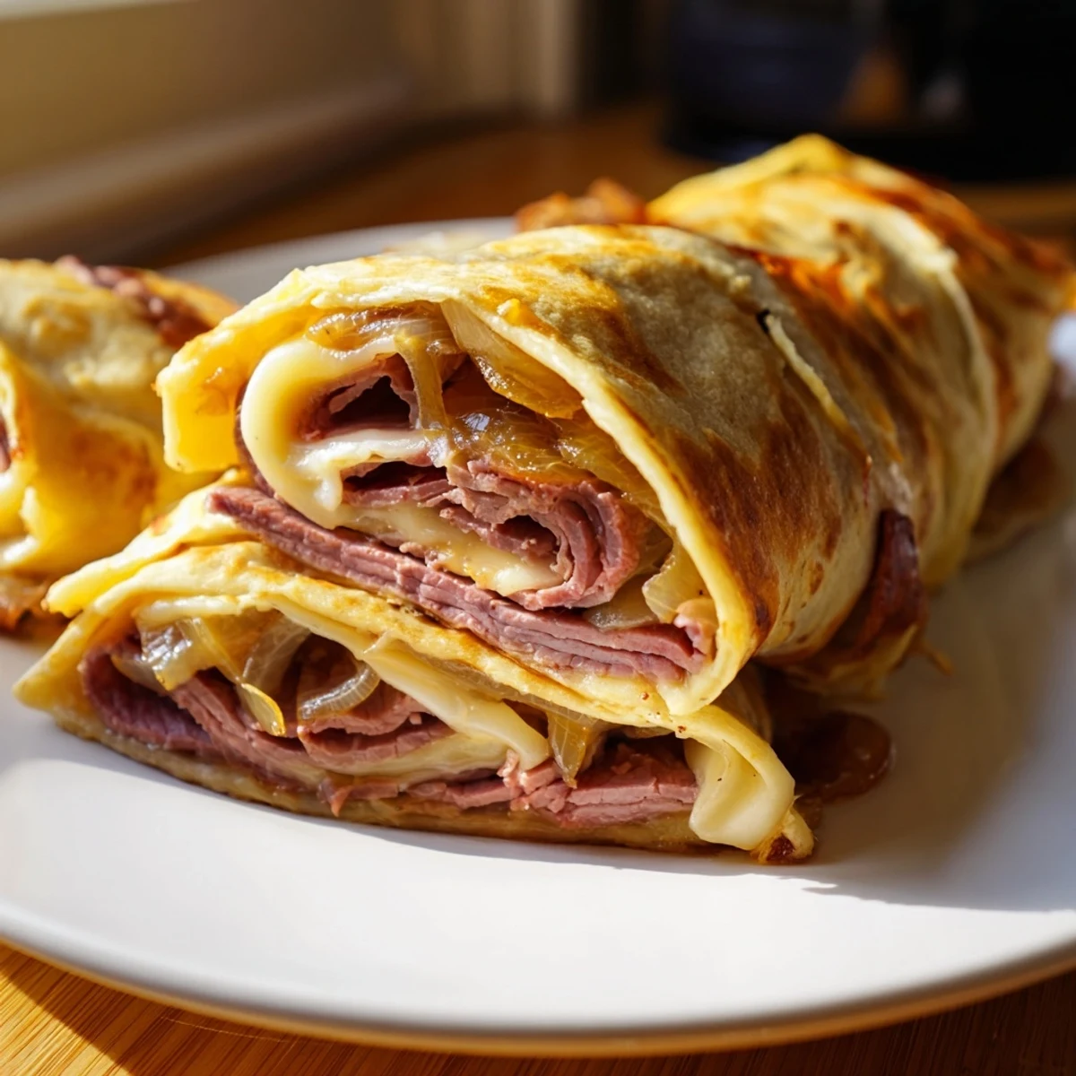 Crispy tortilla roll ups filled with tender roast beef and melty provolone, served with warm au jus for dipping, showcasing the Easy French Dip Tortilla Roll Ups.