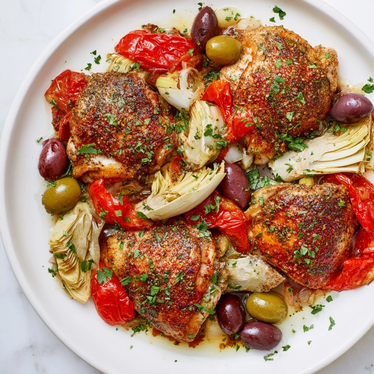 Golden-brown Mediterranean Lemon Chicken with Artichokes and Olives simmering in a skillet with fresh herbs and lemon zest.