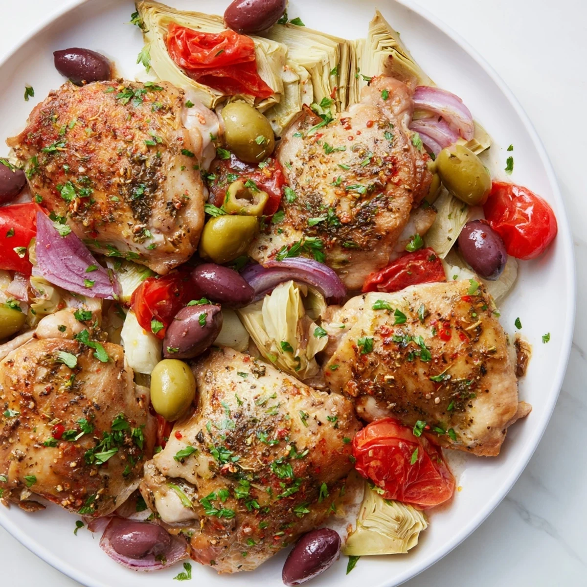A close-up of Mediterranean Lemon Chicken with Artichokes and Olives garnished with parsley on a rustic wooden table.