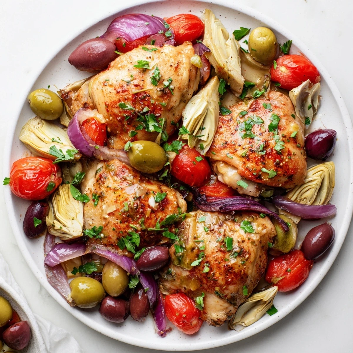 Serve Mediterranean Lemon Chicken with Artichokes and Olives alongside crusty bread and roasted vegetables for a complete meal.