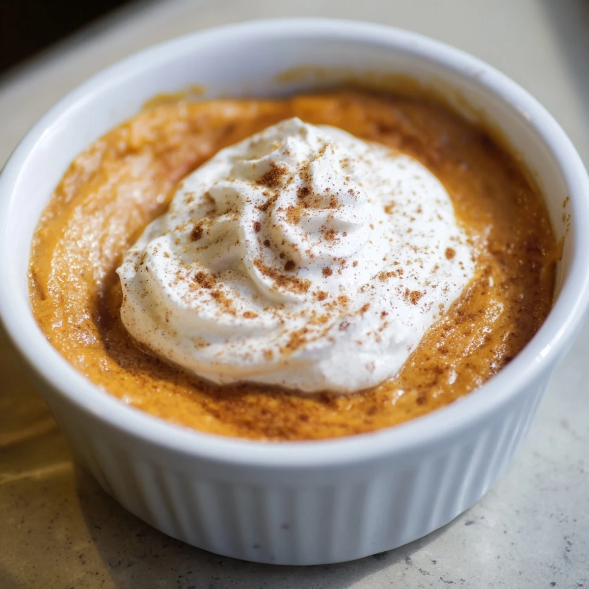 A close-up of creamy Baked Pumpkin Spice Pudding in a baking dish, featuring a smooth orange texture with aromatic spices like nutmeg and ginger.