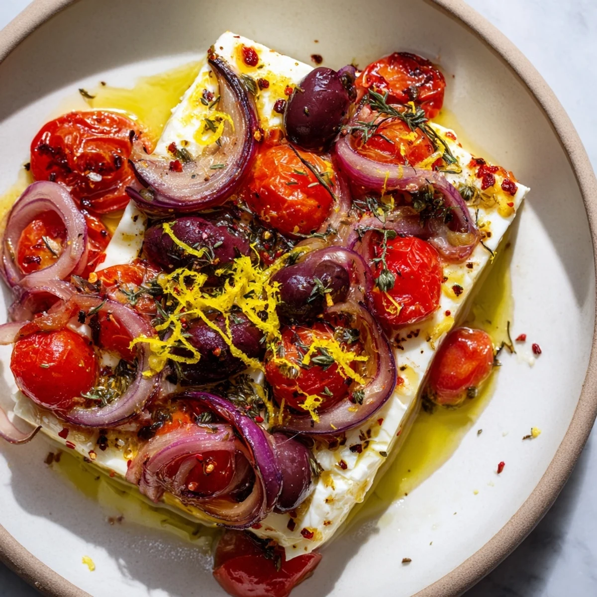 Golden Mediterranean Baked Feta Appetizer bubbling in a skillet with roasted cherry tomatoes and Kalamata olives, ready for dipping with warm pita bread.