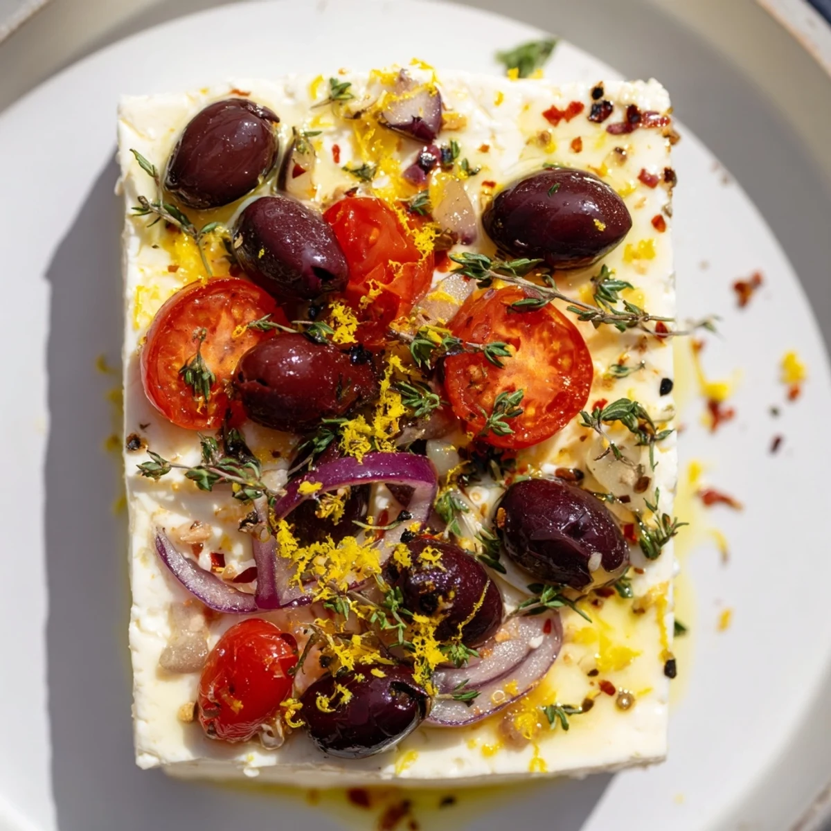 Creamy Mediterranean Baked Feta Appetizer served in a hot baking dish, garnished with lemon zest and chili flakes alongside crusty gluten-free bread slices.