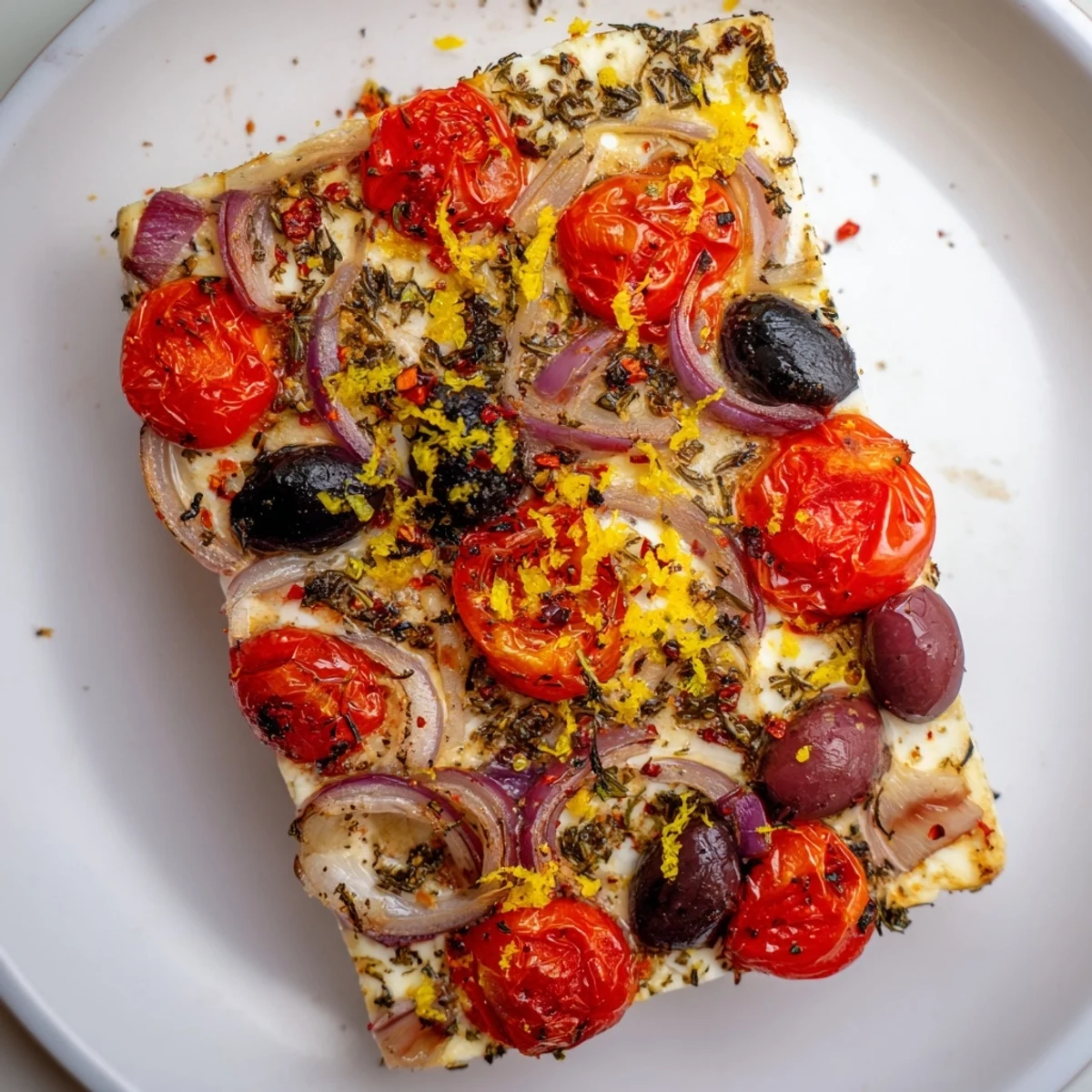Savory Mediterranean Baked Feta Appetizer topped with fresh thyme and oregano, surrounded by blistered tomatoes and onions on a rustic wooden board.