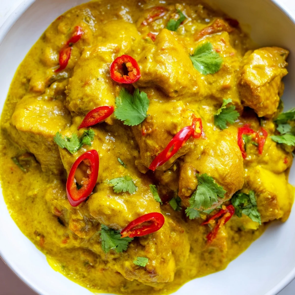 Steaming Mango Chicken Curry in a creamy coconut sauce next to fluffy basmati rice and fresh cilantro garnish.