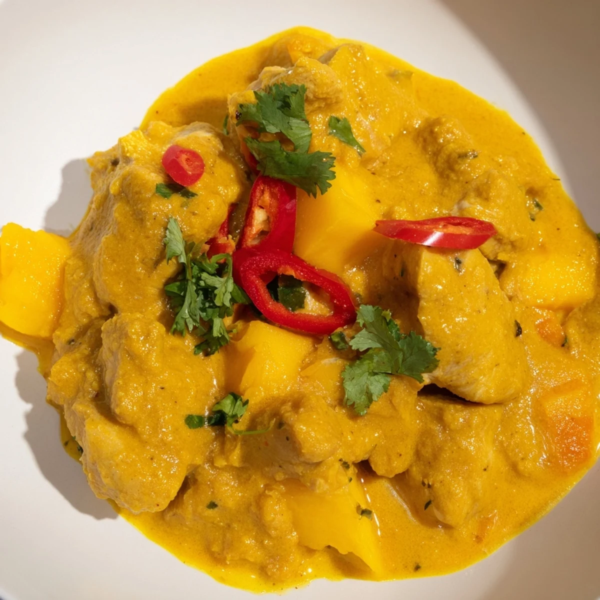 A serving bowl of vibrant Mango Chicken Curry with sliced red chili and fresh cilantro for a tropical main dish.