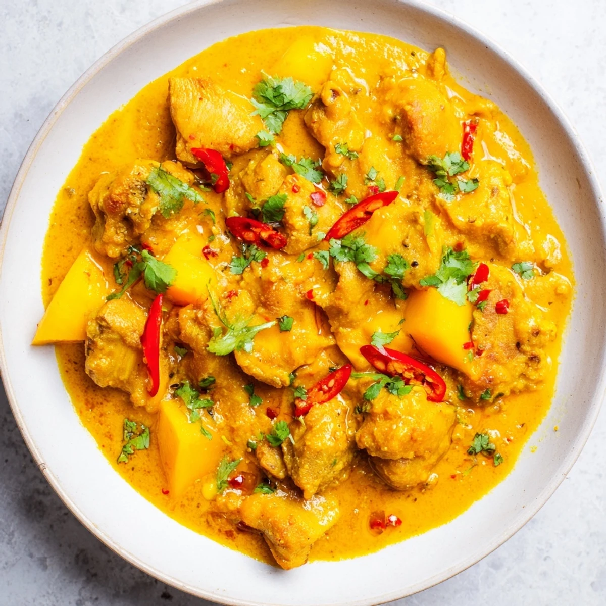 Close-up of golden Mango Chicken Curry pieces simmering with ripe mango puree in a skillet beside warm naan bread.