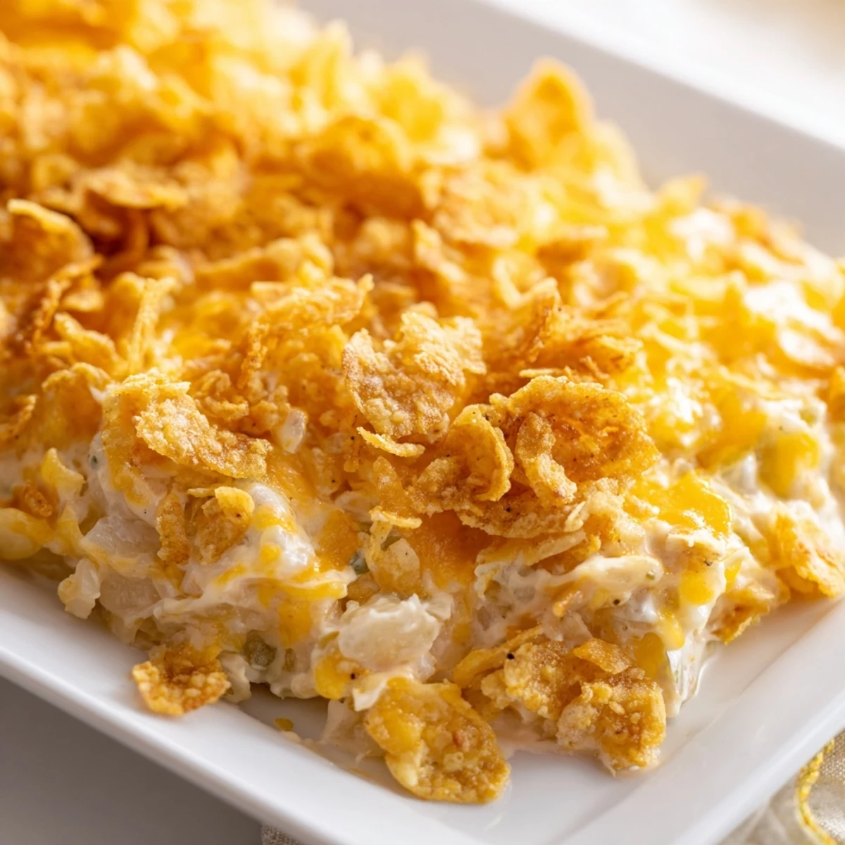 A warm, bubbly Funeral Potatoes with Hashbrowns casserole fresh from the oven, featuring a golden cornflake topping.