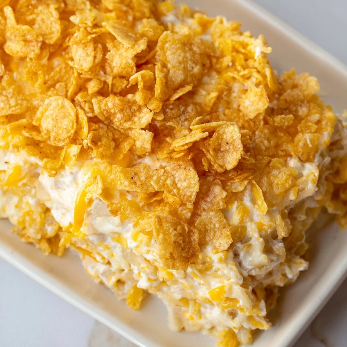 A close-up view of Funeral Potatoes with Hashbrowns served on a plate, revealing the creamy, cheesy texture inside.