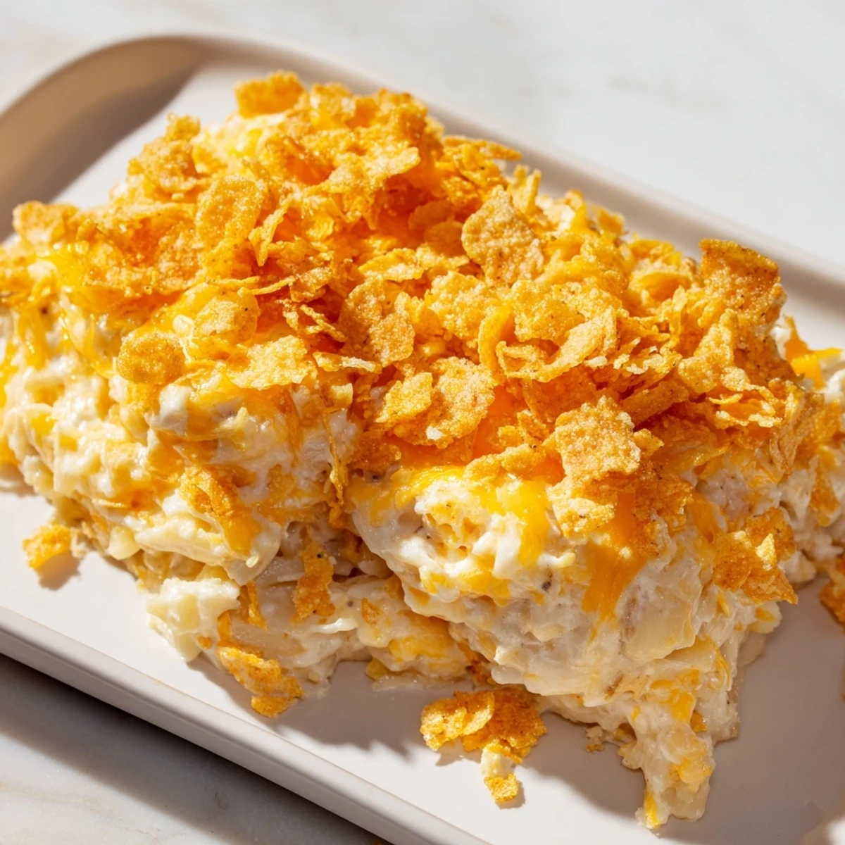 In a rustic kitchen setting, a casserole dish of Funeral Potatoes with Hashbrowns awaits a festive holiday meal.