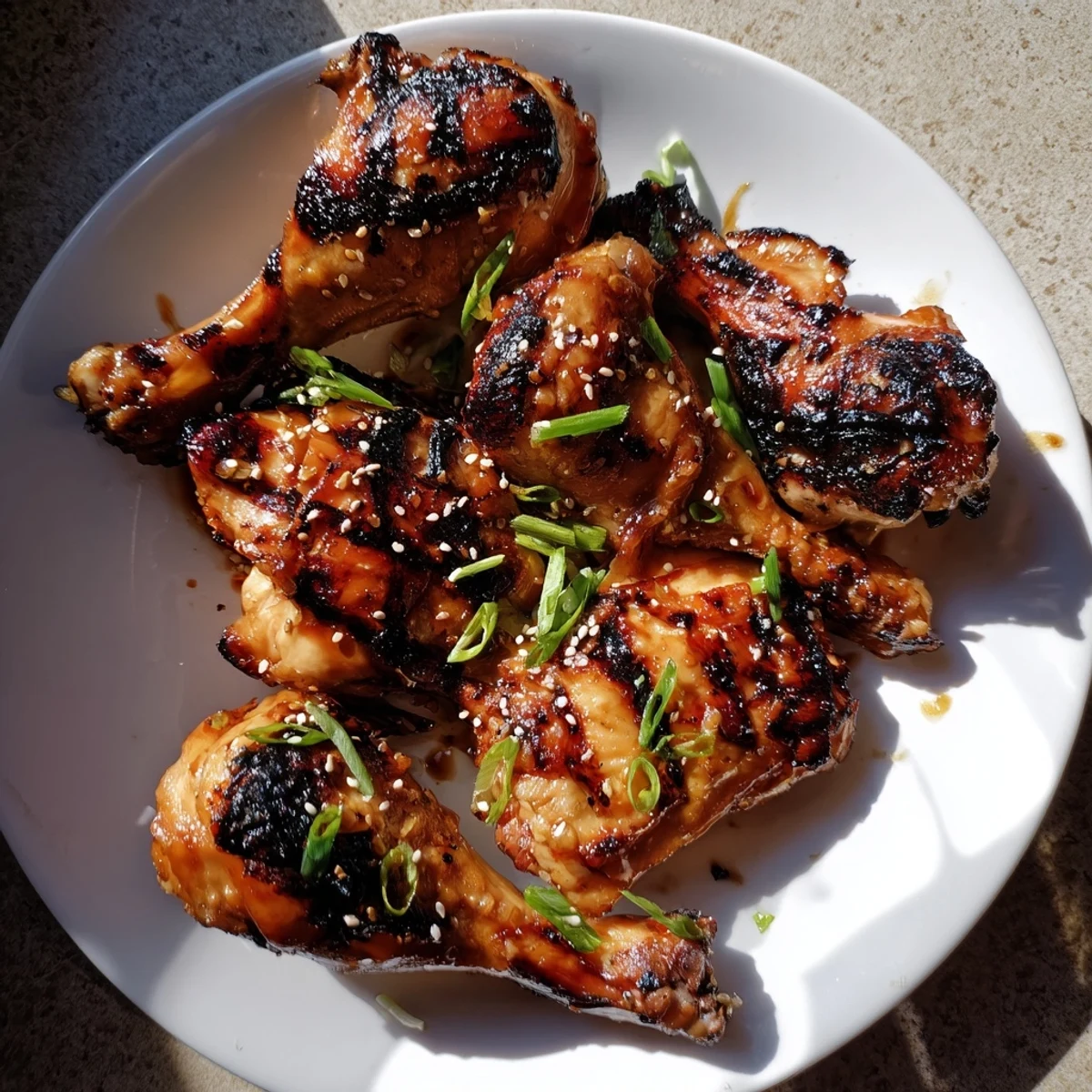 Golden-brown grilled Hawaiian Huli Huli Chicken thighs glistening with sweet pineapple glaze, garnished with sesame seeds and scallions.