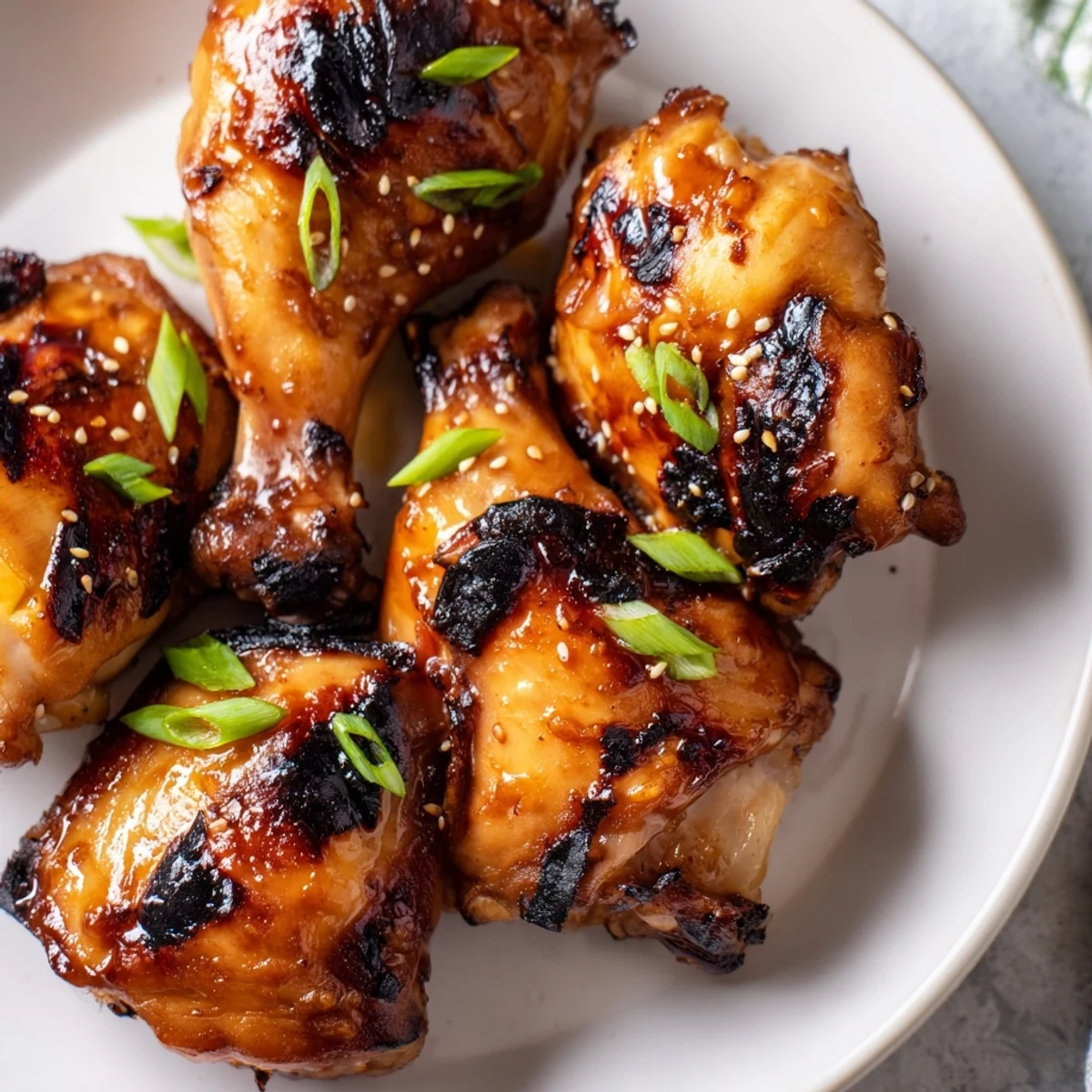 A serving platter of juicy Hawaiian Huli Huli Chicken pieces, garnished with diced pineapple and sesame seeds for a tropical presentation.