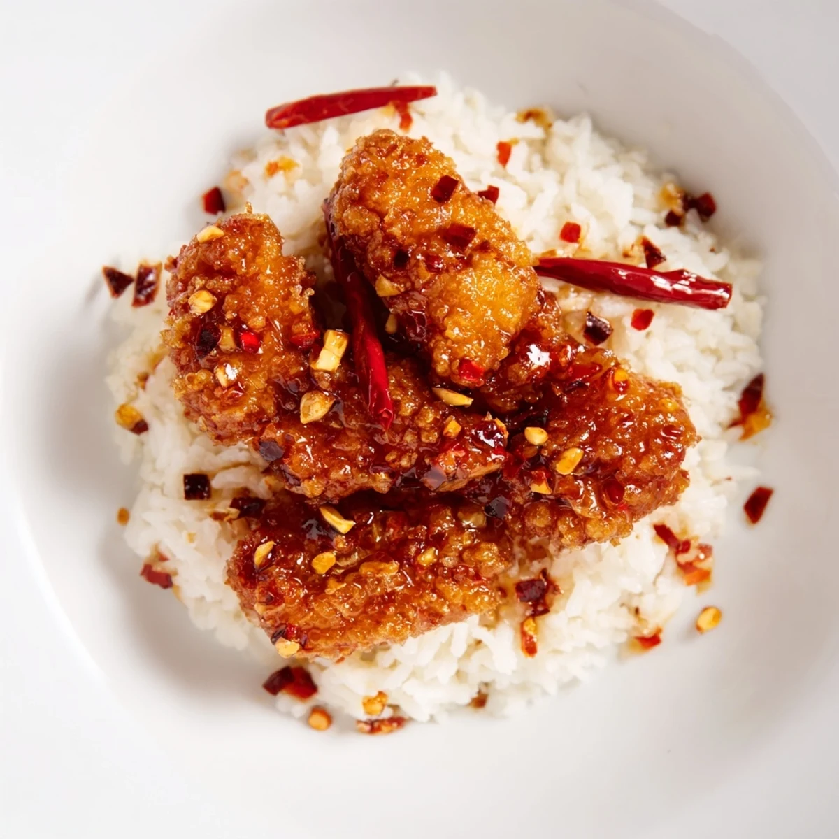 Golden fried cod strips coated in sweet & spicy glaze on fluffy rice with a chili-garlic drizzle and green onions.