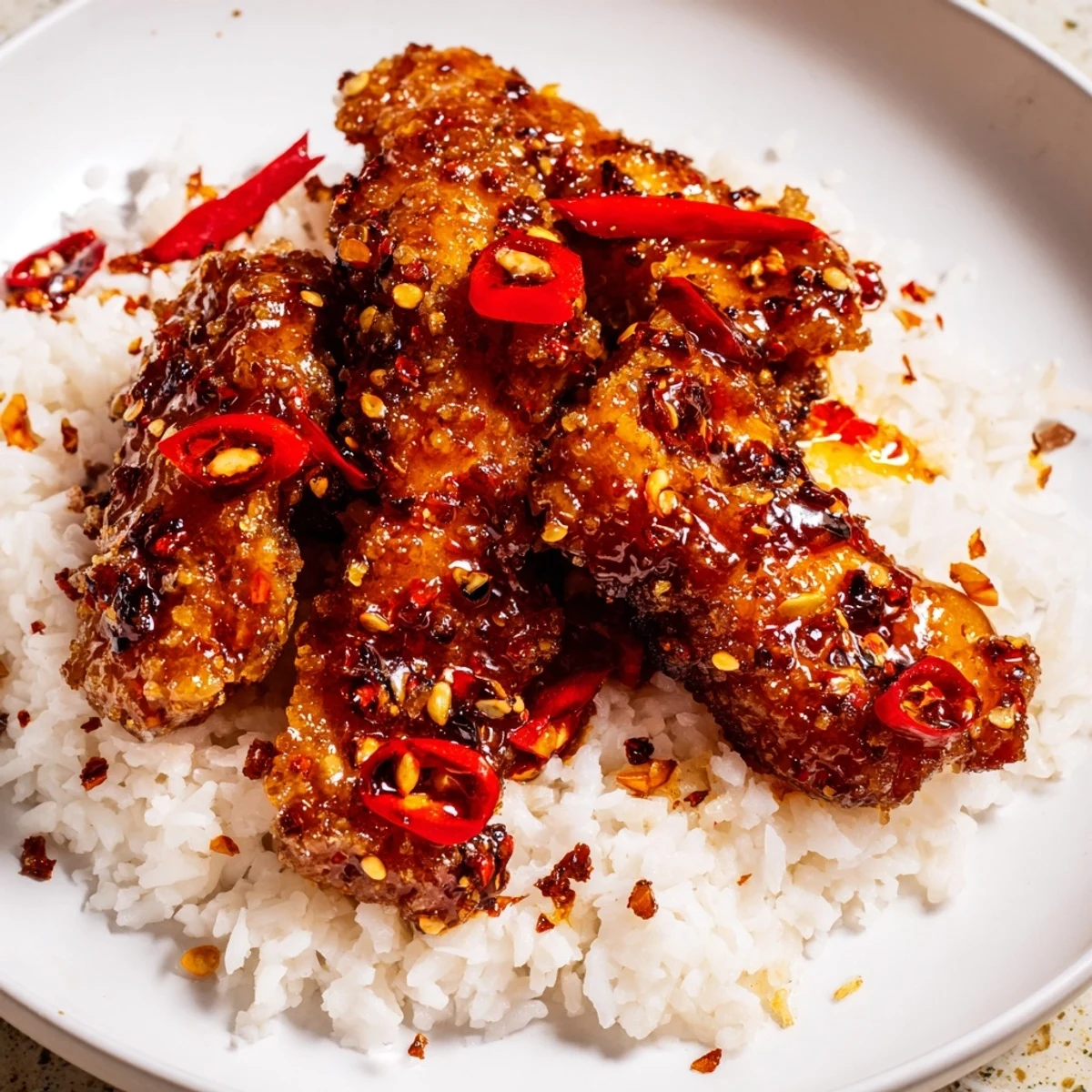 Vibrant bowl of sweet & spicy cod strips with chili-garlic drizzle, showing tender fish and fluffy rice.