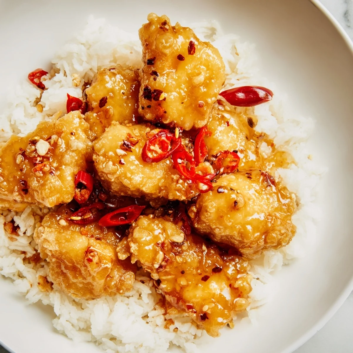Plated sweet & spicy cod strips over steamed jasmine rice, garnished with sesame seeds and cilantro.