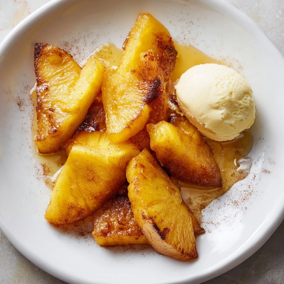 Plated Rum-Soaked Fried Pineapple dessert drizzled with honey, showing juicy interior and a golden batter crust on a rustic table.