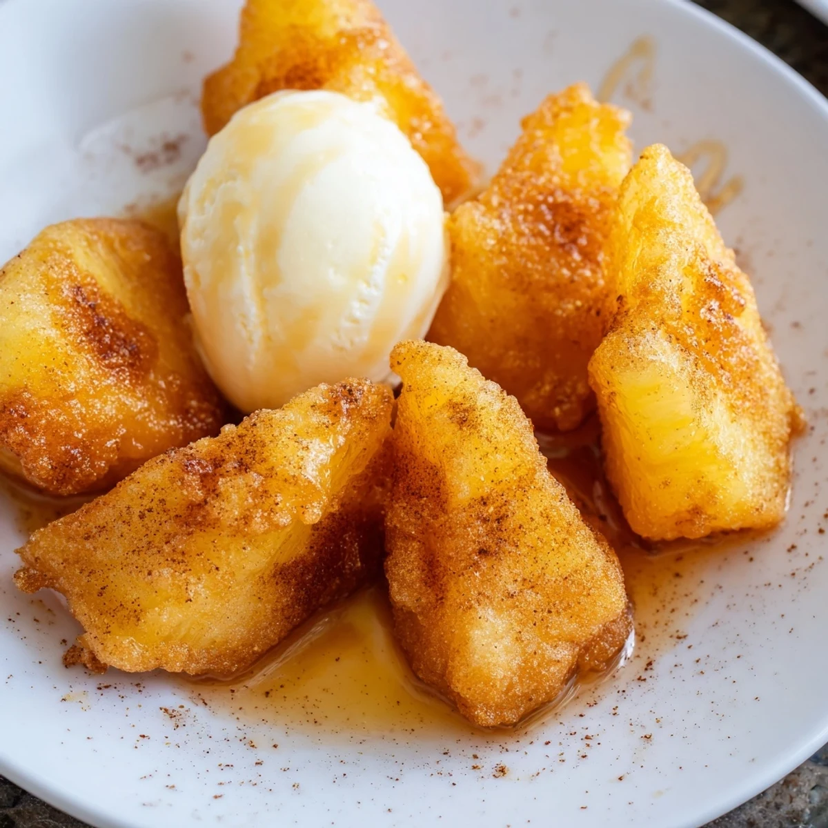 A close-up of Rum-Soaked Fried Pineapple wedges dusted with cinnamon, warm and crispy beside a scoop of melting ice cream.