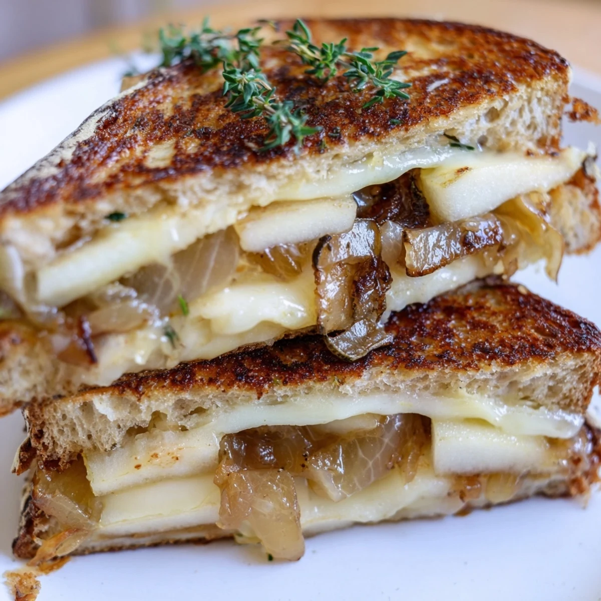 Crisp sourdough slices with melted cheddar, sweet pear, apple, and caramelized onions in this Pear, Apple & Grilled Cheese. 