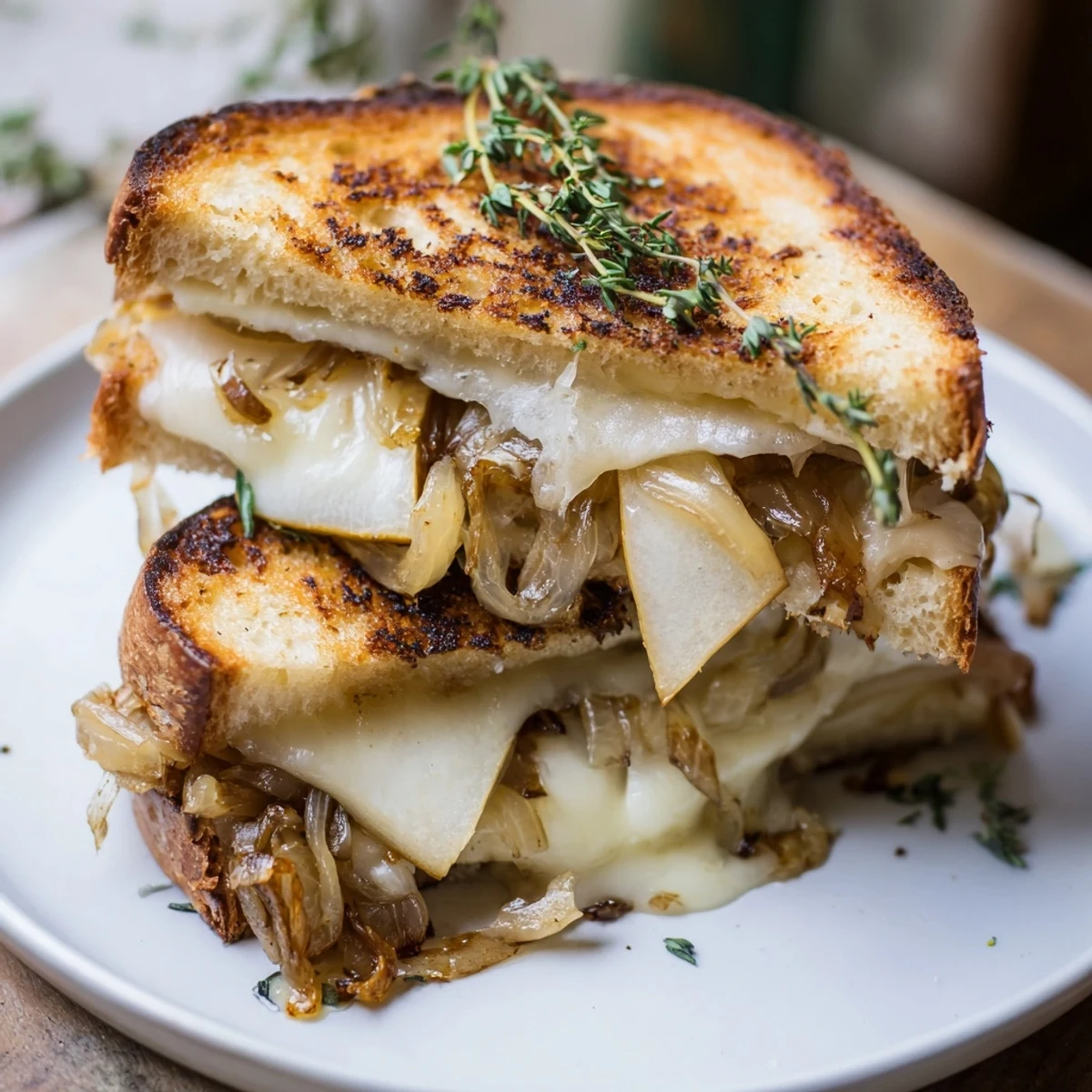 Golden grilled sandwich layers sharp cheddar with tender fruit and savory onions in the Pear, Apple & Grilled Cheese. 