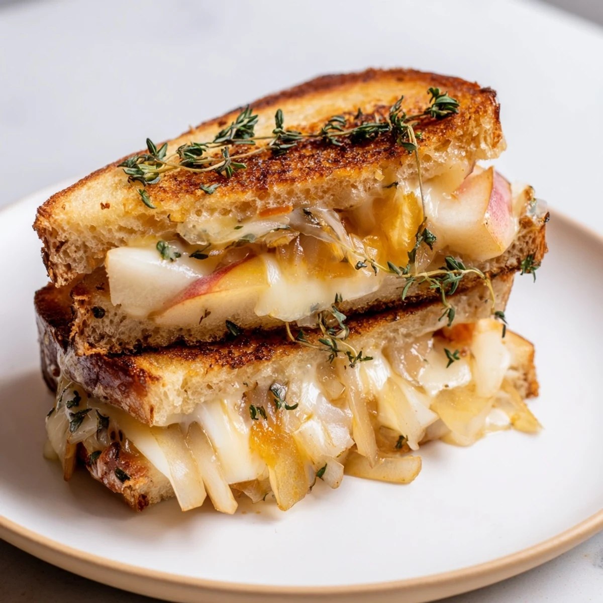 Buttery bread with gooey cheese, crisp apples, pears, and balsamic onions creates the perfect Pear, Apple & Grilled Cheese.