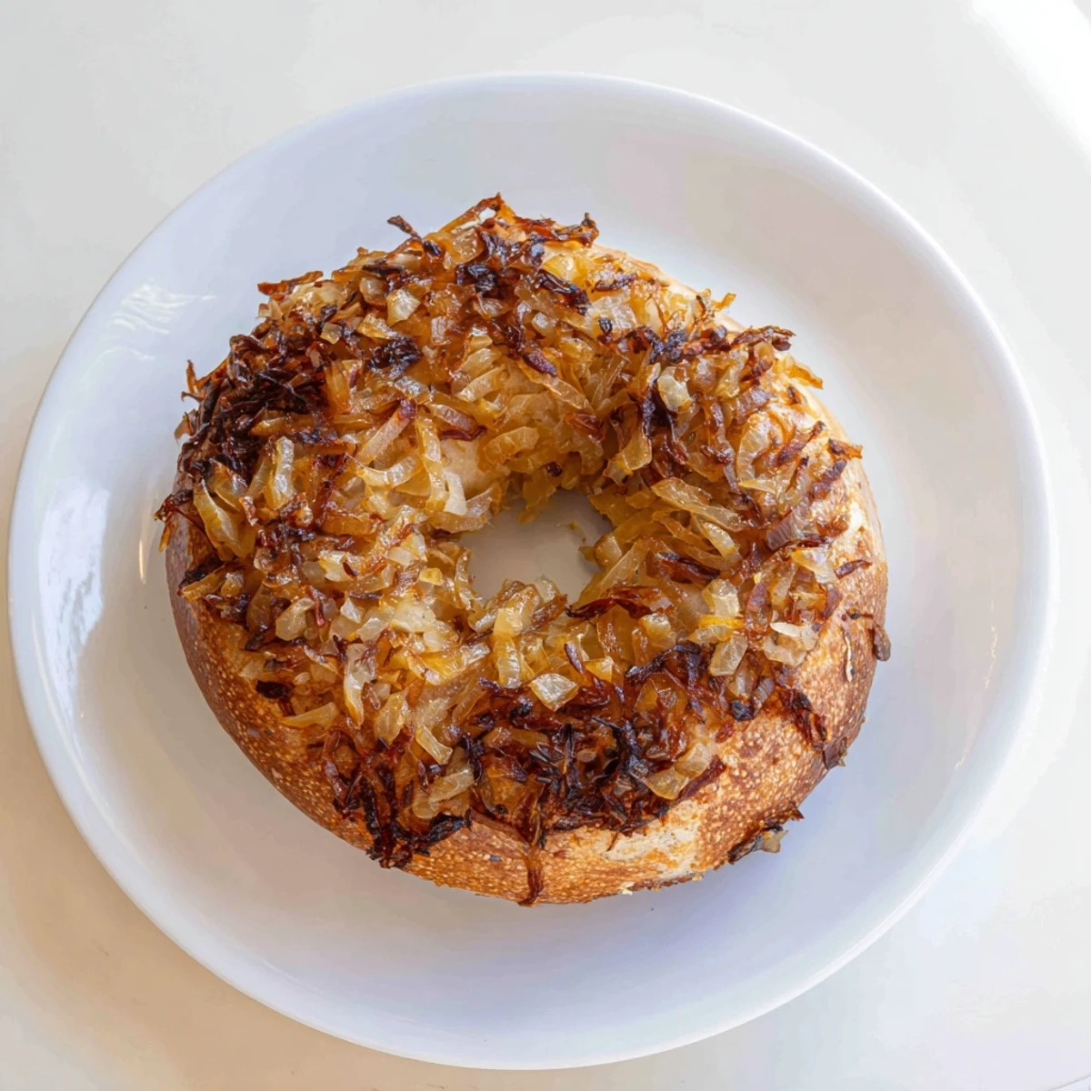 Warm Sourdough Onion Bagels boiled then baked, topped with deeply caramelized onions, perfect for toasting and serving with cream cheese.