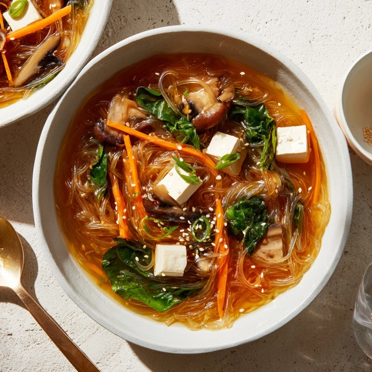 A warm bowl of Japanese Harusame Noodle Soup with glass noodles and fresh vegetables.
