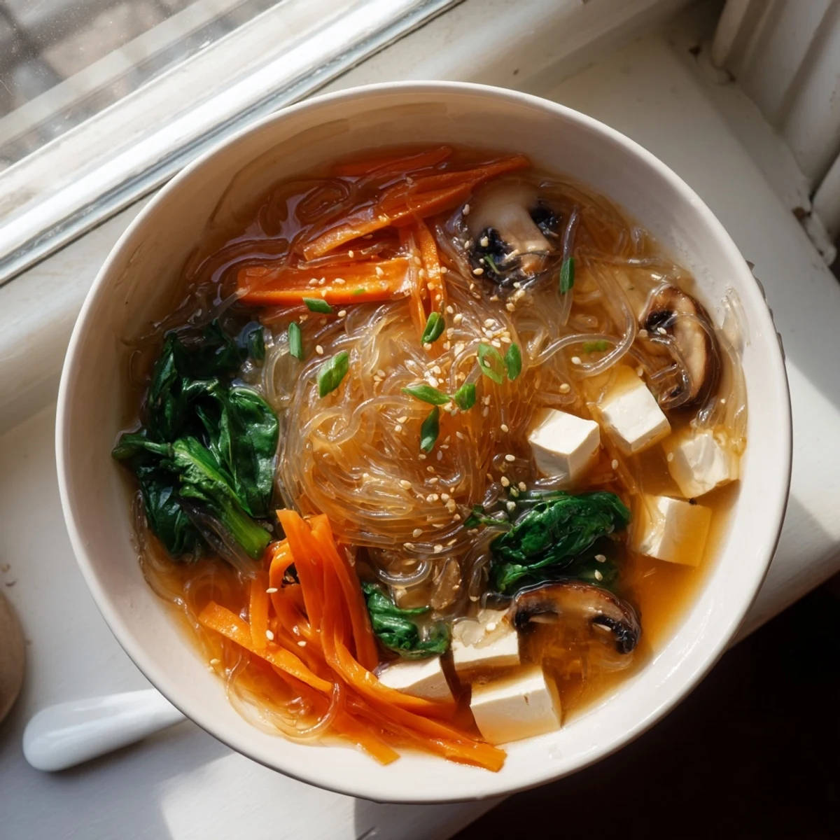 Japanese Harusame Noodle Soup garnished with sesame seeds and sliced green onions.