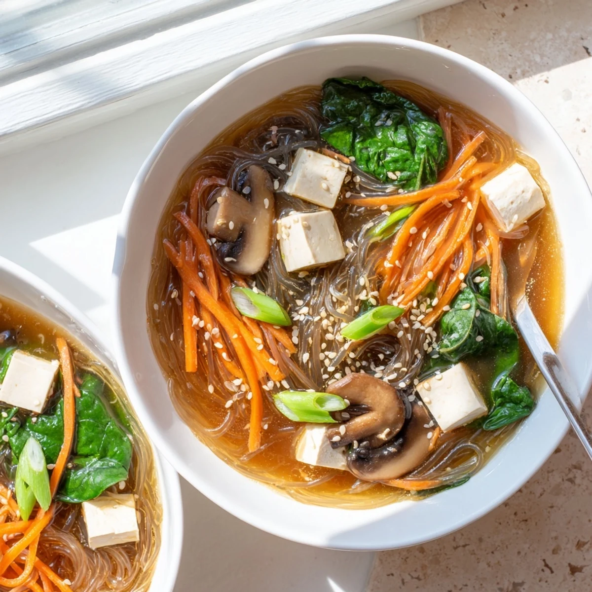 Savory Japanese Harusame Noodle Soup served in a bowl with tofu and spinach.