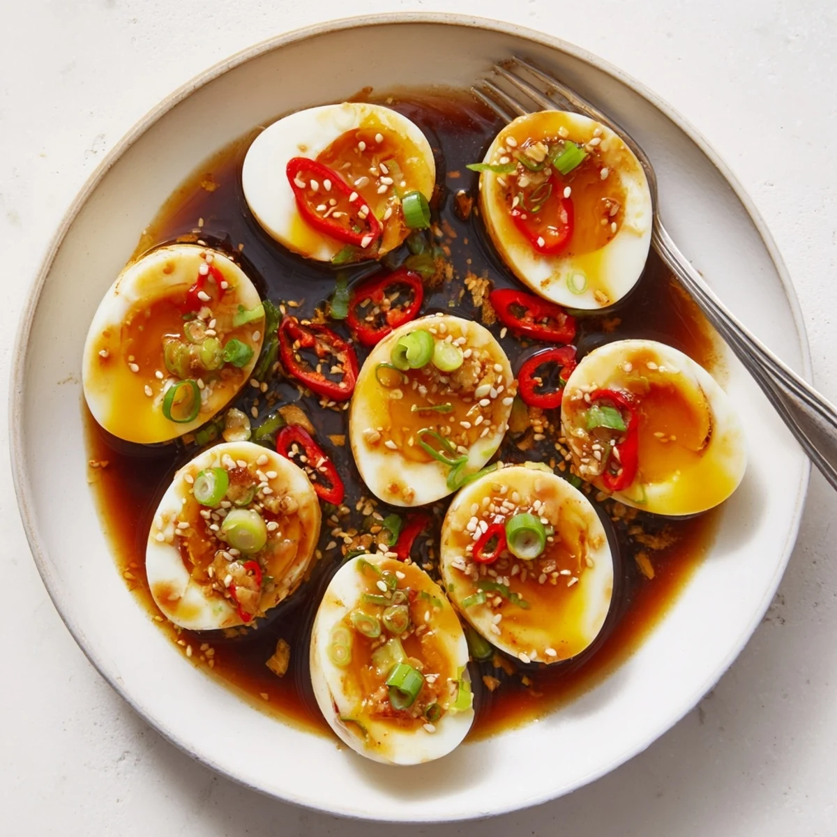 Four marinated Korean eggs in sweet and spicy soy sauce garnished with green onions and sesame seeds.