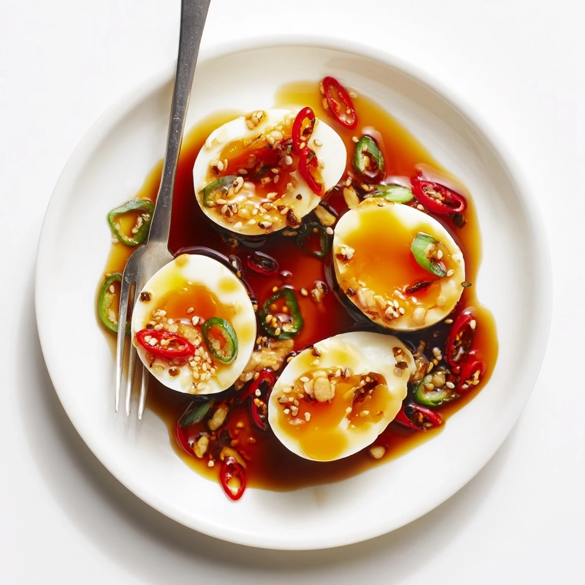 Korean Marinated Eggs served halved over steamed rice with a glossy marinade and chili slices.