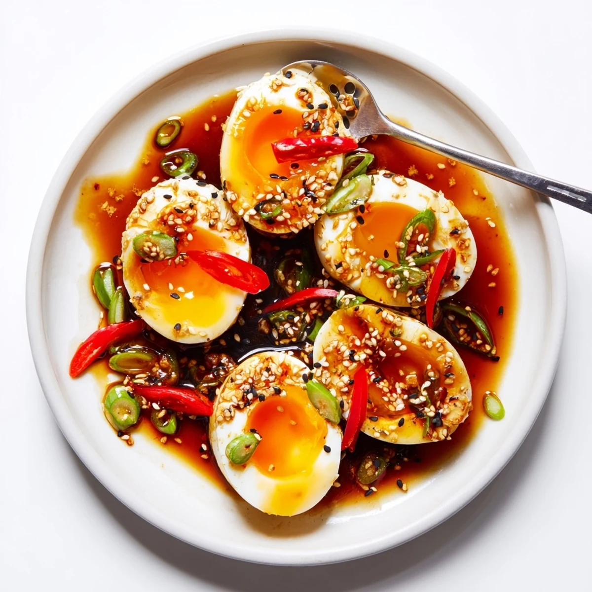Soft-boiled Korean Marinated Eggs on a white plate with garlic, sesame, and pickled pepper toppings.