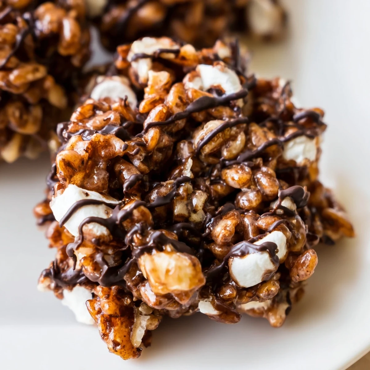 A close-up view of No Bake Coffee Crunch Rice Krispie Cookies showing crispy texture and a rich chocolate drizzle.