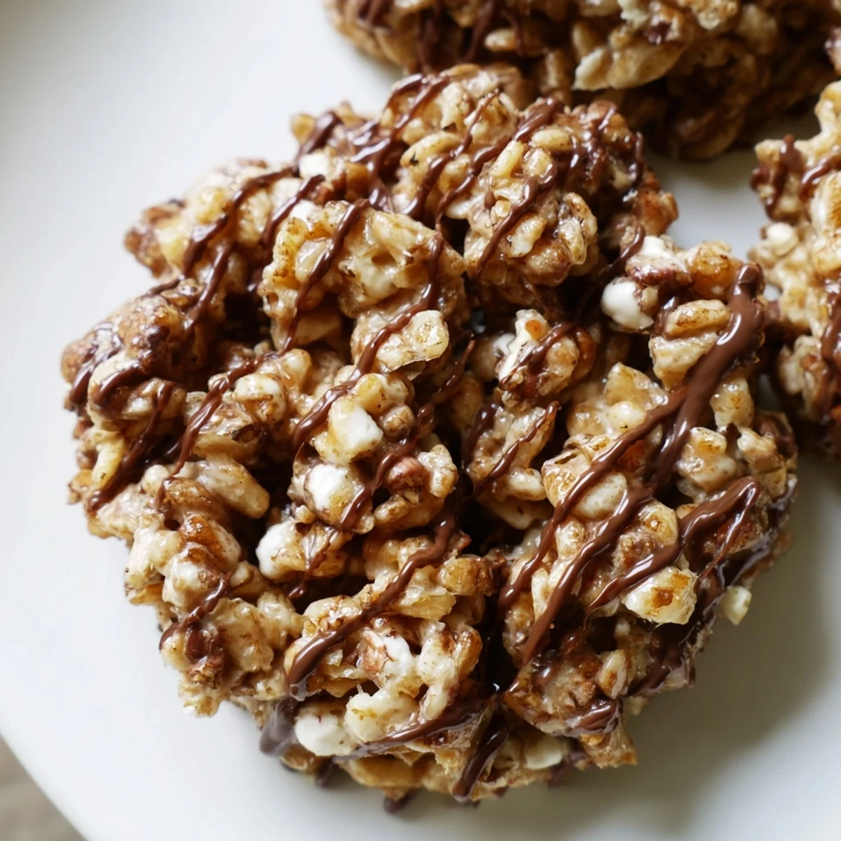 No Bake Coffee Crunch Rice Krispie Cookies stacked on a white plate with a coffee mug nearby for serving.